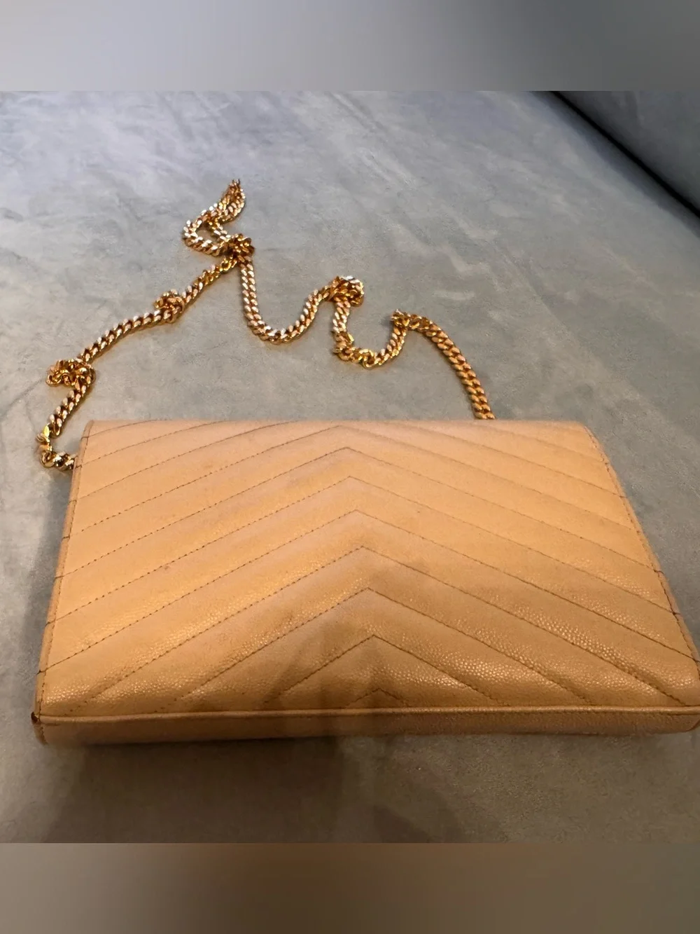 Saint Laurent Cassandre Taupe Matelassé Leather Chain Wallet